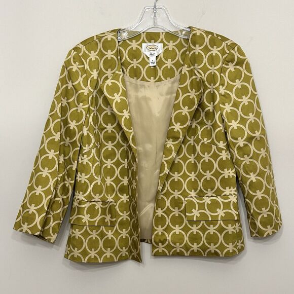 Talbots Open Front Jacket Womens 8 Green Geometric Pockets Stretch Artsy - Picture 1 of 12